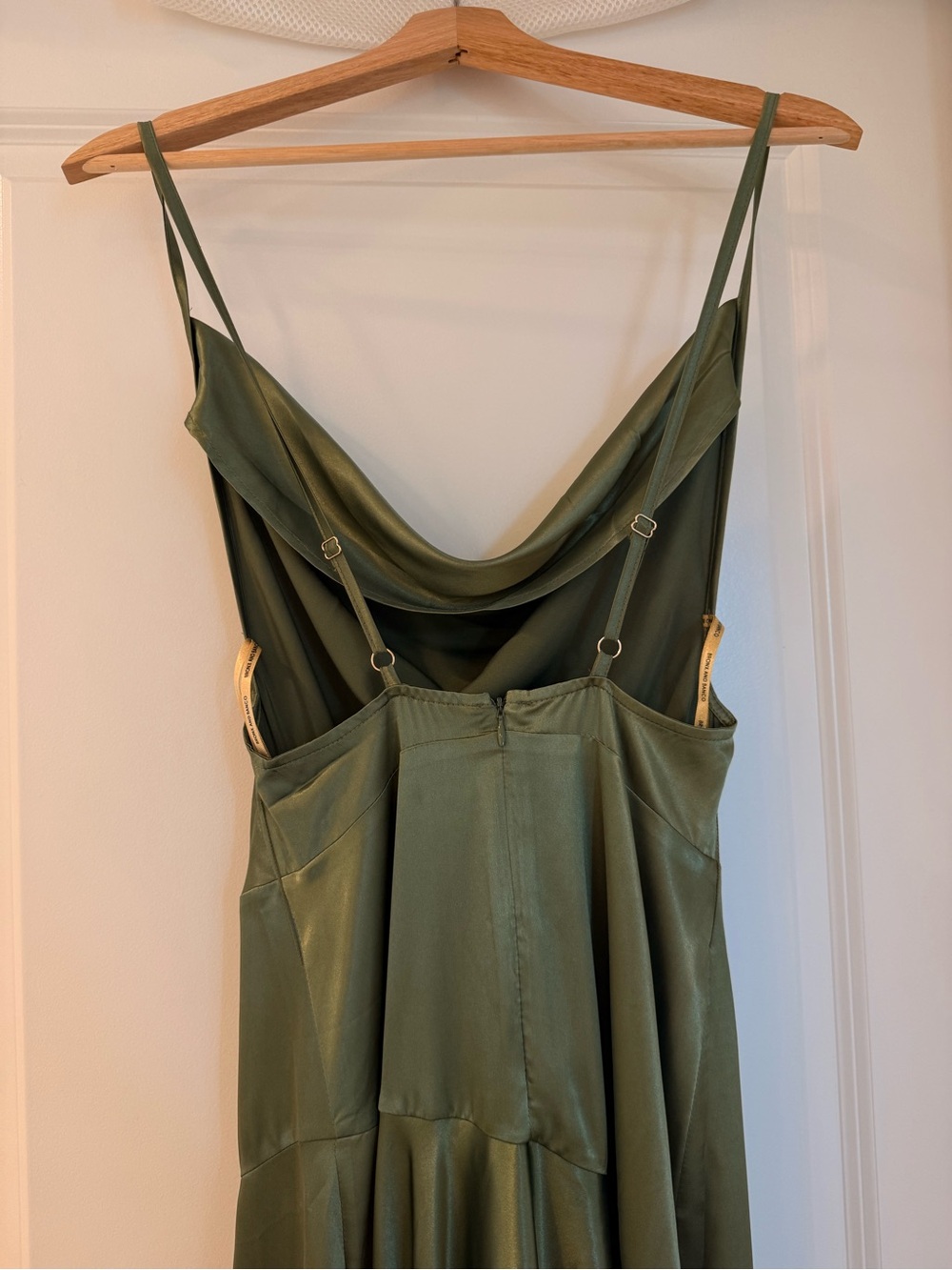 NEW Bronx Banco Leo Sage Maxi Dress, Olive Green Satin Cowl Neck Evening Gown - Picture 14 of 16